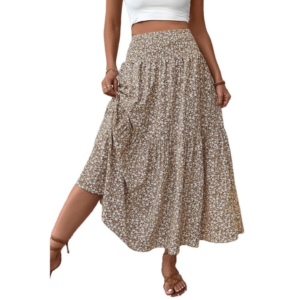 3964 Smocked High Waist Maxi Long Skirt with Pockets L,932-Khaki Floral